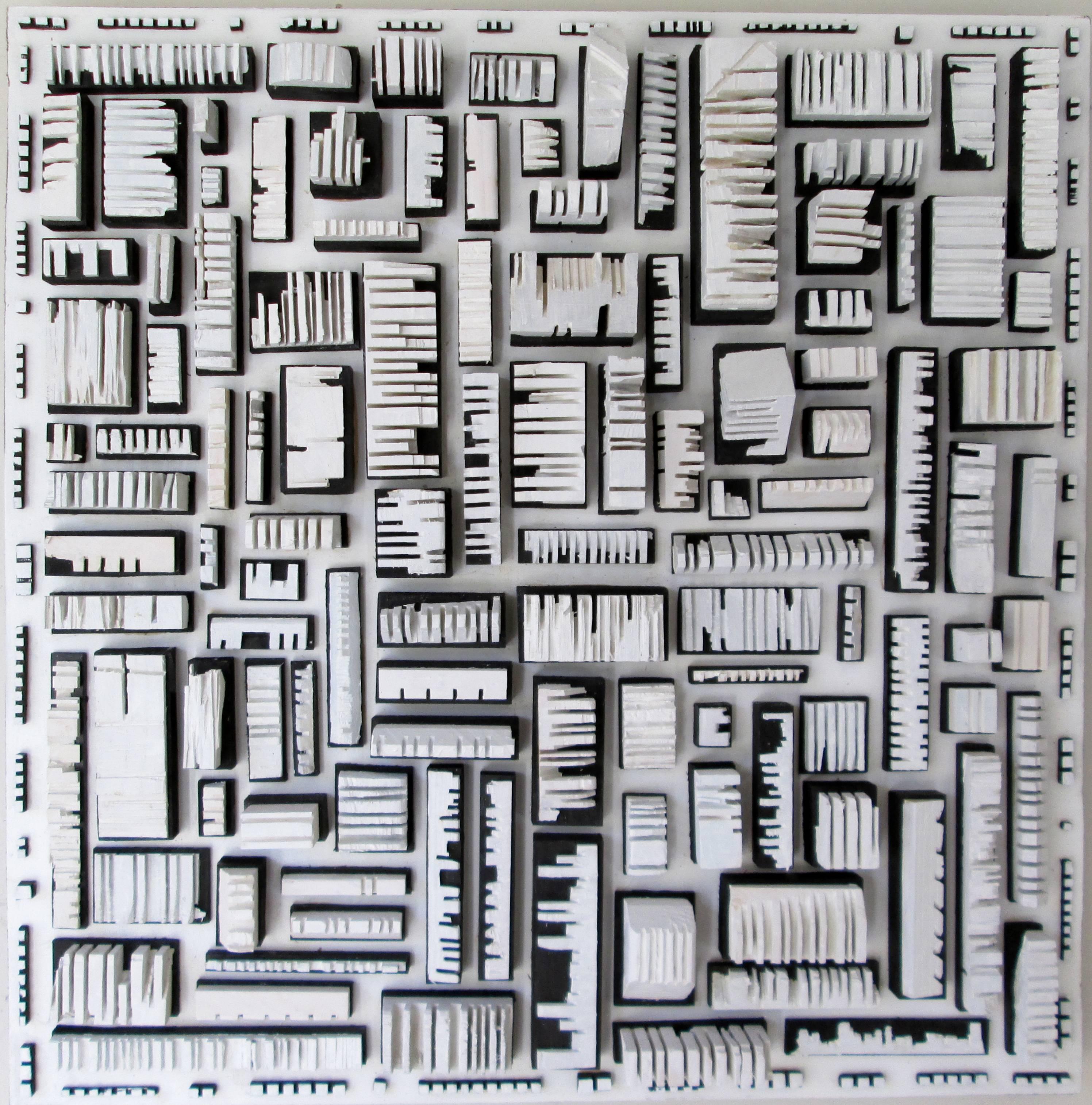 Stephen Walling Abstract Sculpture - Bits and Pieces (Abstract Aerial View of Urban Landscape in Black and White)