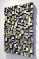 Ingottes (Abstract Vertical Wooden Wall Sculpture in Teal and Pale Ochre)