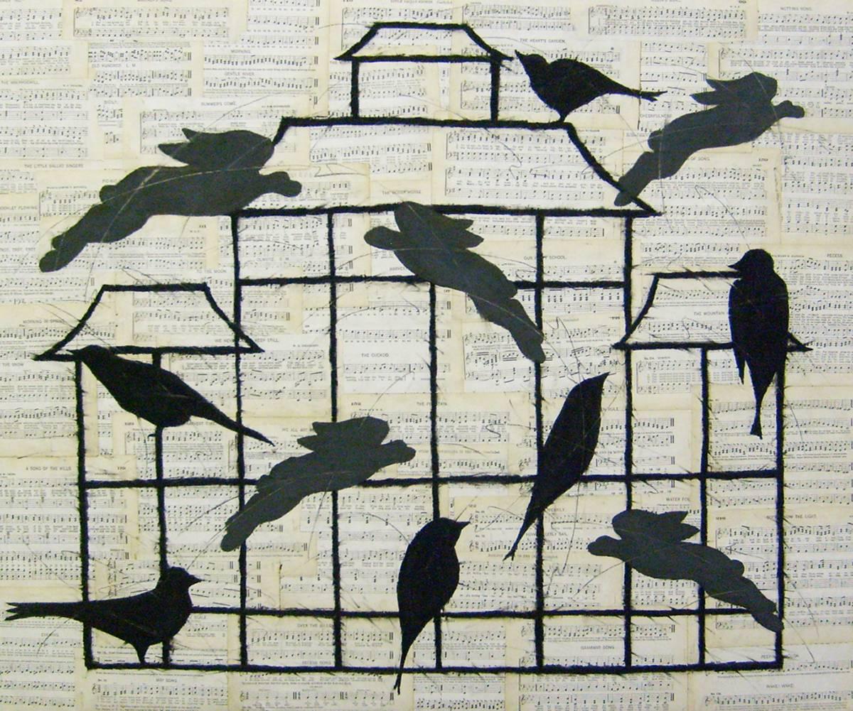 Louise Laplante Animal Art - Winter Songs, Rabbits and Birds (Graphic Collage on Vintage Paper)