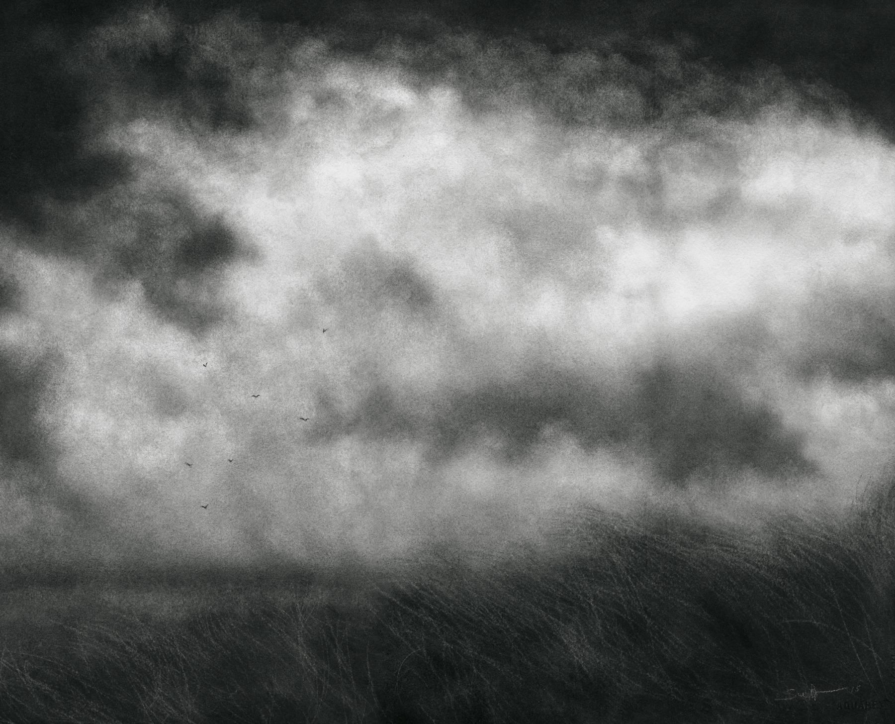 Beneath the Heavy Sky (Black & White Charcoal Landscape Drawing of Field & Sky)
