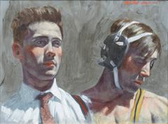 Man with Wrestler (Contemporary Oil Portrait of Man in Suit & Athlete)