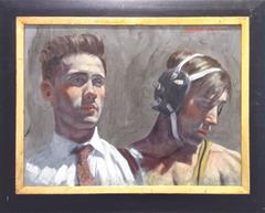 Man with Wrestler (Contemporary Oil Portrait of Man in Suit & Athlete)