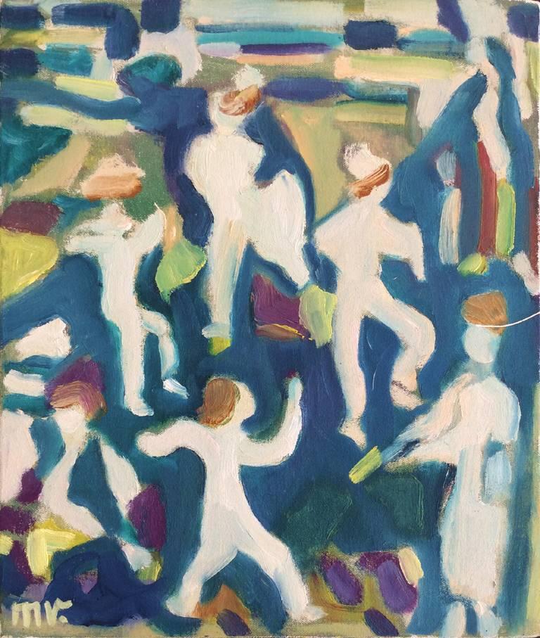 Oil on canvas
13 x 11 inches

This lively painting of a crowd is the work of painter Marion Vinot. The simplistic white figures appear to bustle about the pale green, teal, and peacock blue background, while accents of sienna and yellow warm the
