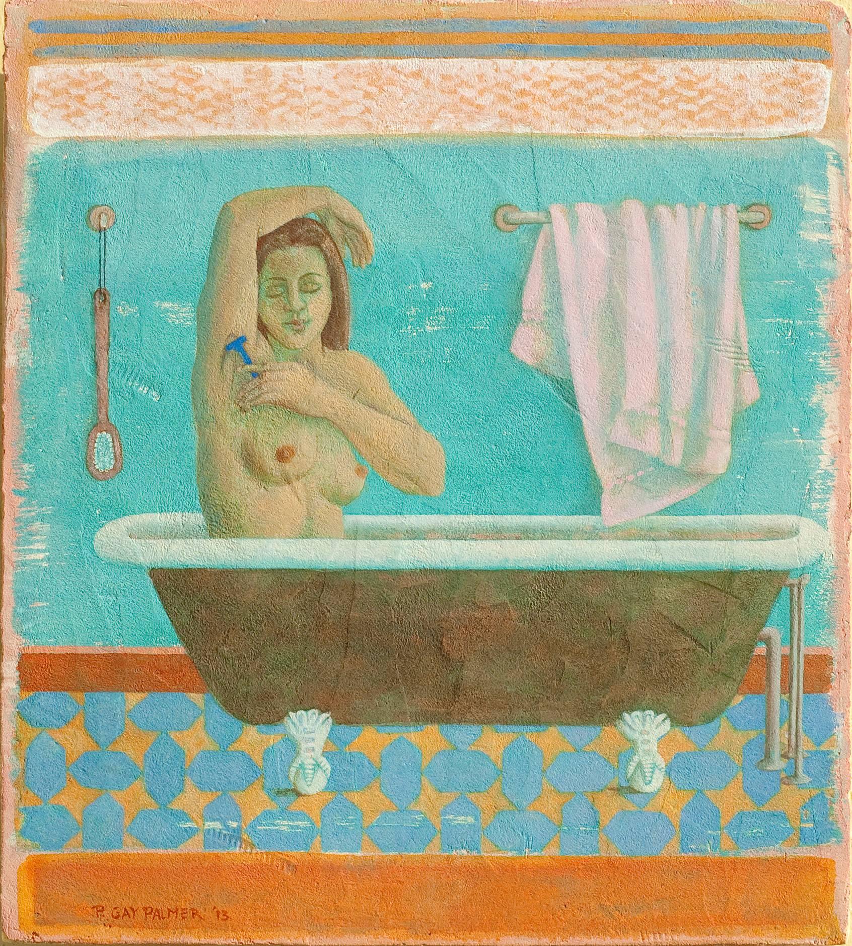 Phyllis Palmer Nude Painting - Blue Razor (Modern Fresco Secco Figurative Painting of Nude Woman in Bath)