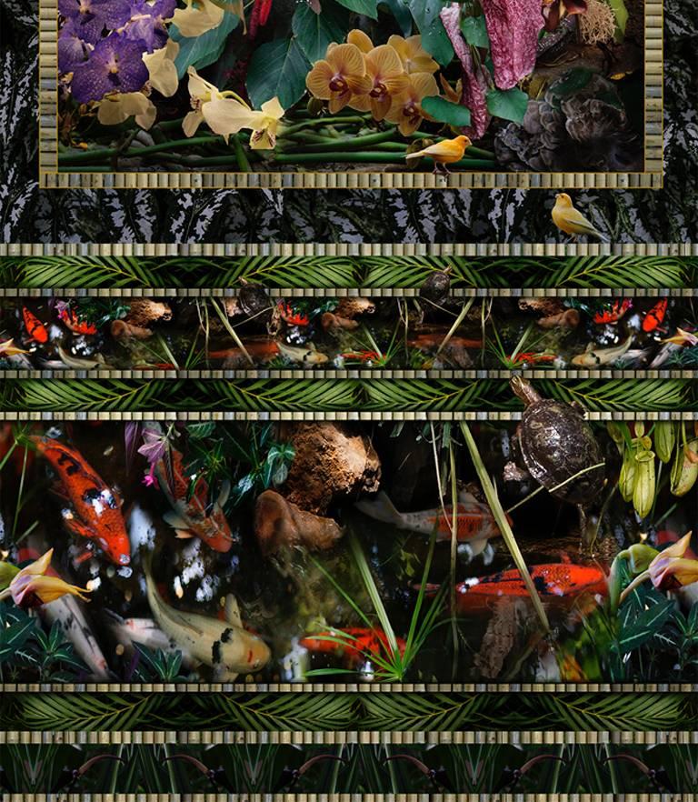 Conservatory (Vertikale Stilllebenfotografie von tropischen Vögeln und exotischen Blumen) (Zeitgenössisch), Photograph, von Lisa A. Frank