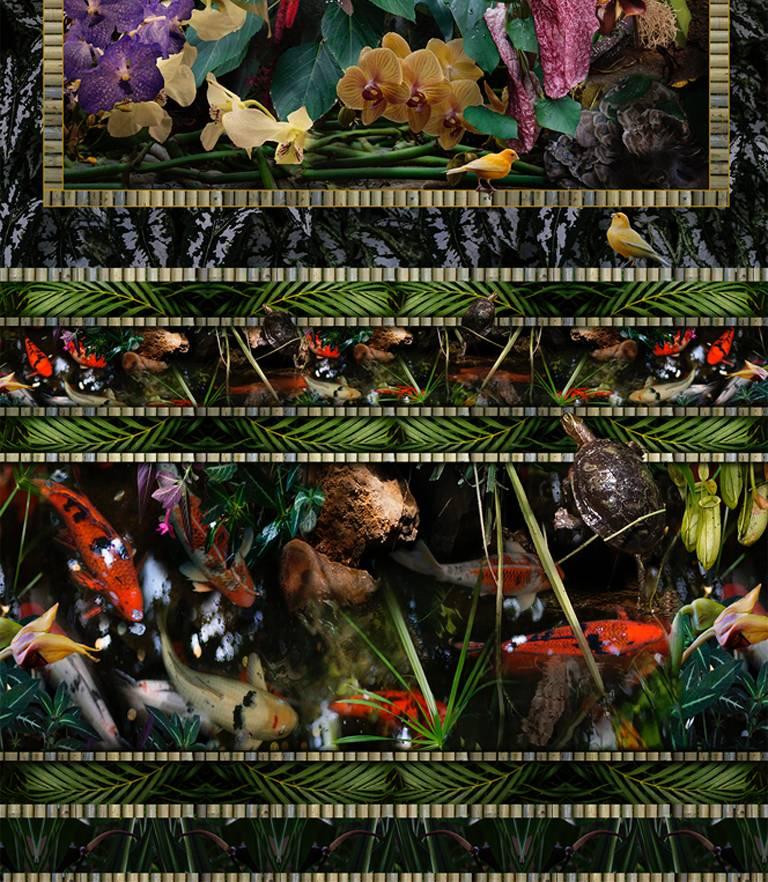 Conservatorio (Fotografía de bodegón vertical de pájaros tropicales y flores exóticas) - Photograph Contemporáneo de Lisa A. Frank