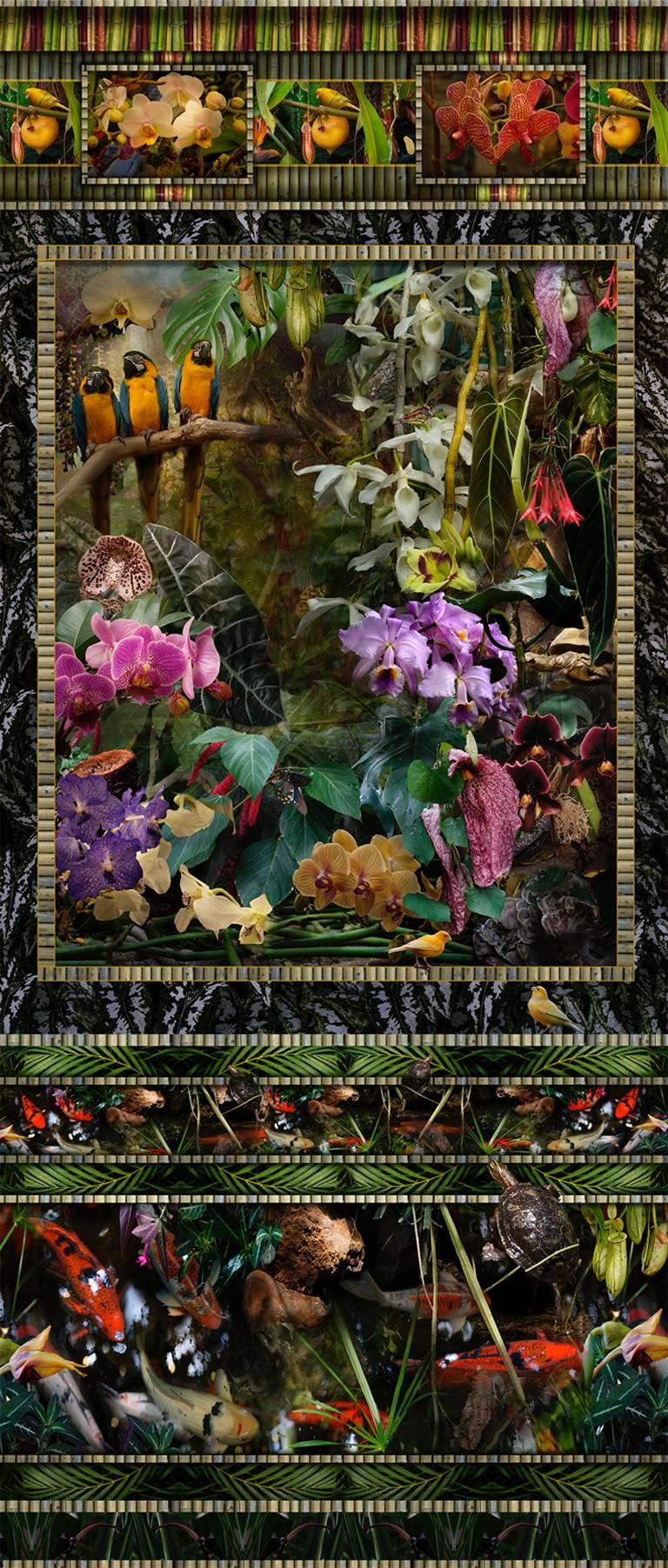 Lisa A. Frank Figurative Photograph – Conservatory (Vertikale Stilllebenfotografie von tropischen Vögeln und exotischen Blumen)