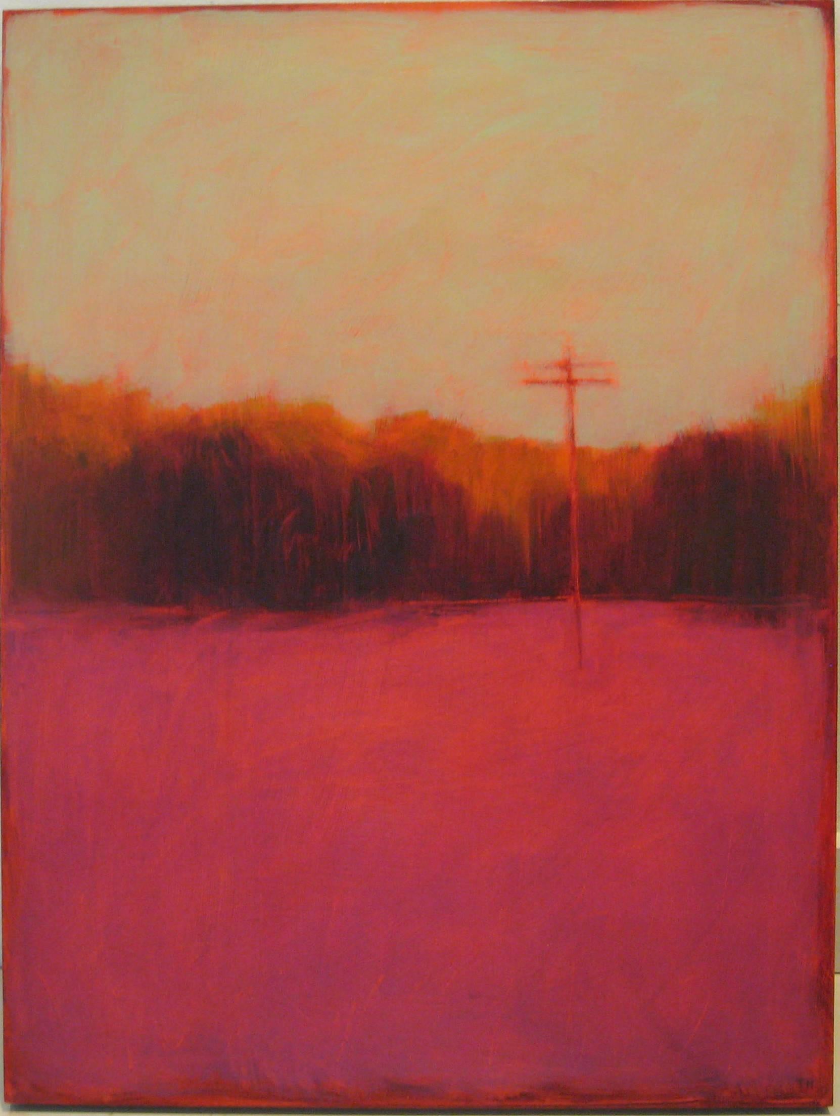 Tracy Helgeson Abstract Painting - Communications (Contemporary Landscape of Bold Pink Field and Telephone Line)