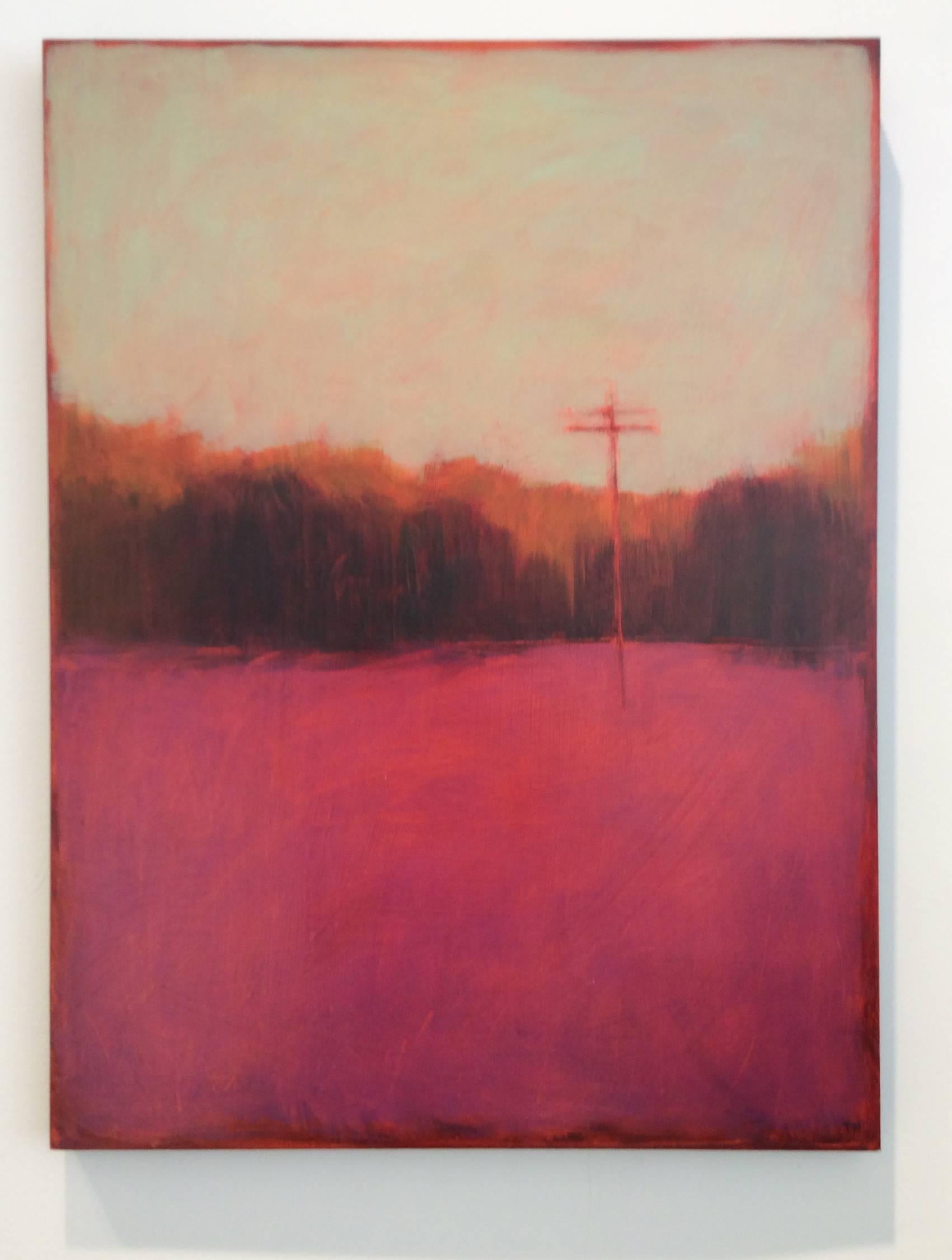 Communications (Contemporary Landscape of Bold Pink Field and Telephone Line) - Painting by Tracy Helgeson