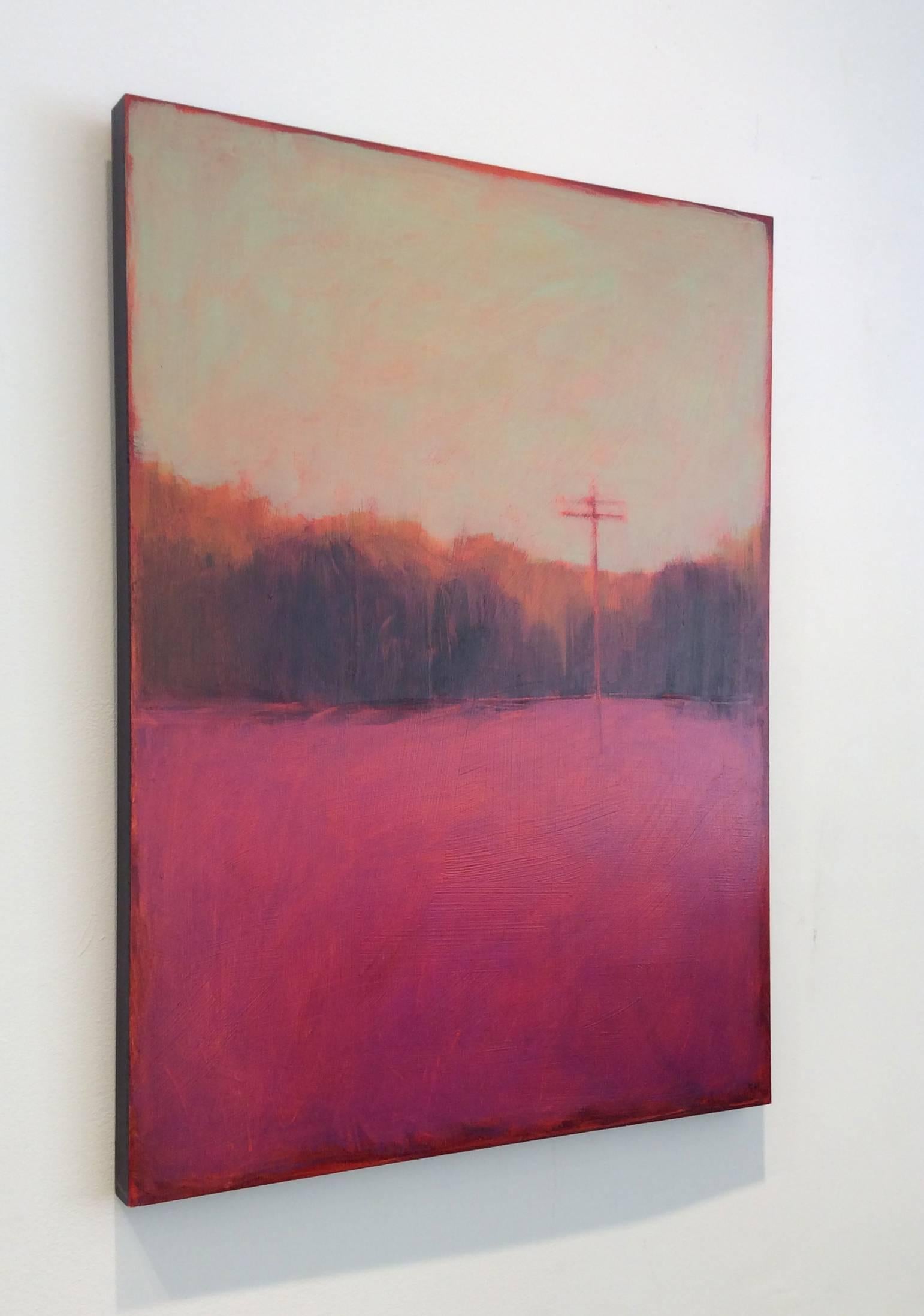 Communications (Contemporary Landscape of Bold Pink Field and Telephone Line) - Modern Painting by Tracy Helgeson