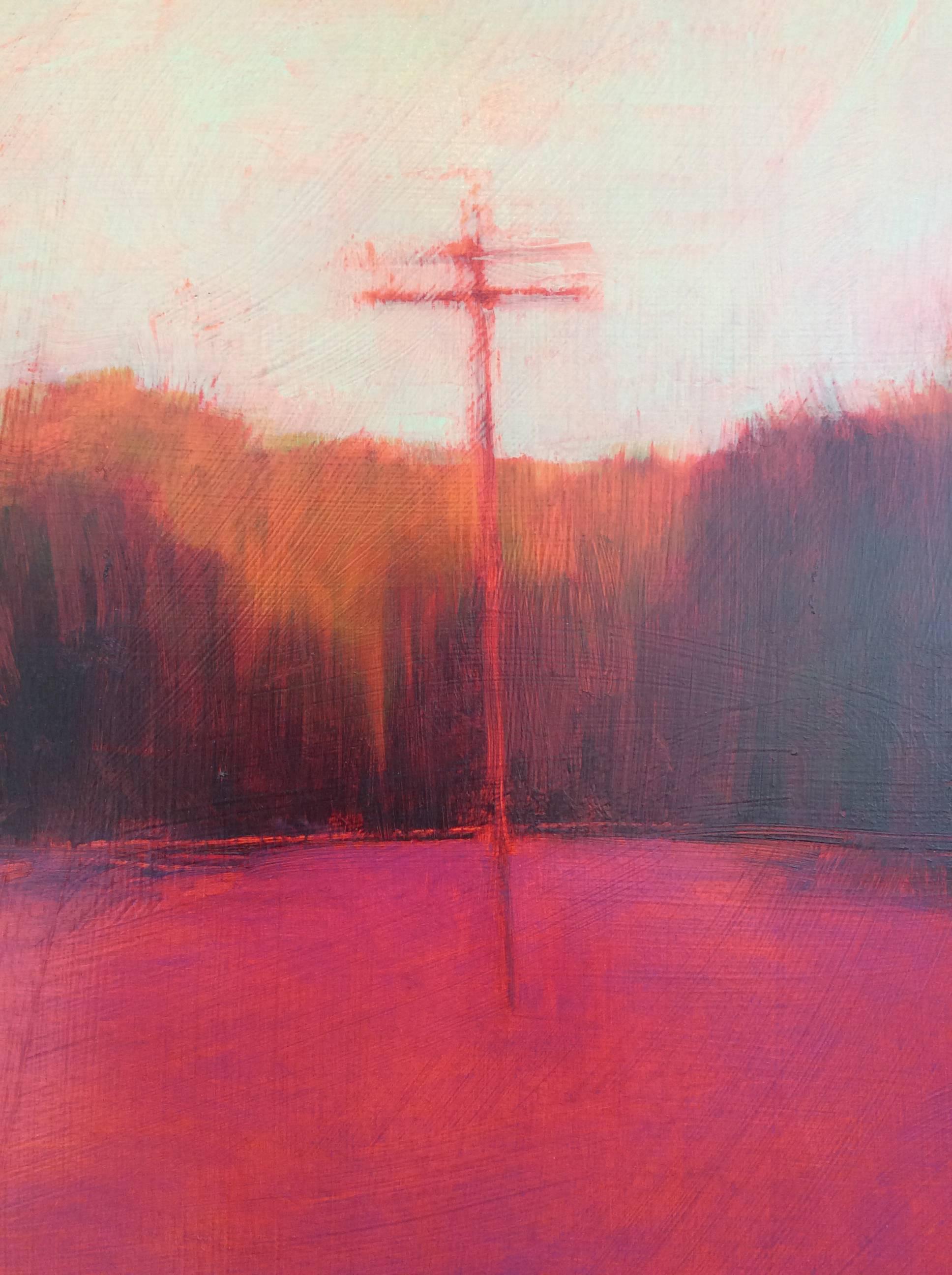 Communications (Contemporary Landscape of Bold Pink Field and Telephone Line) - Brown Abstract Painting by Tracy Helgeson
