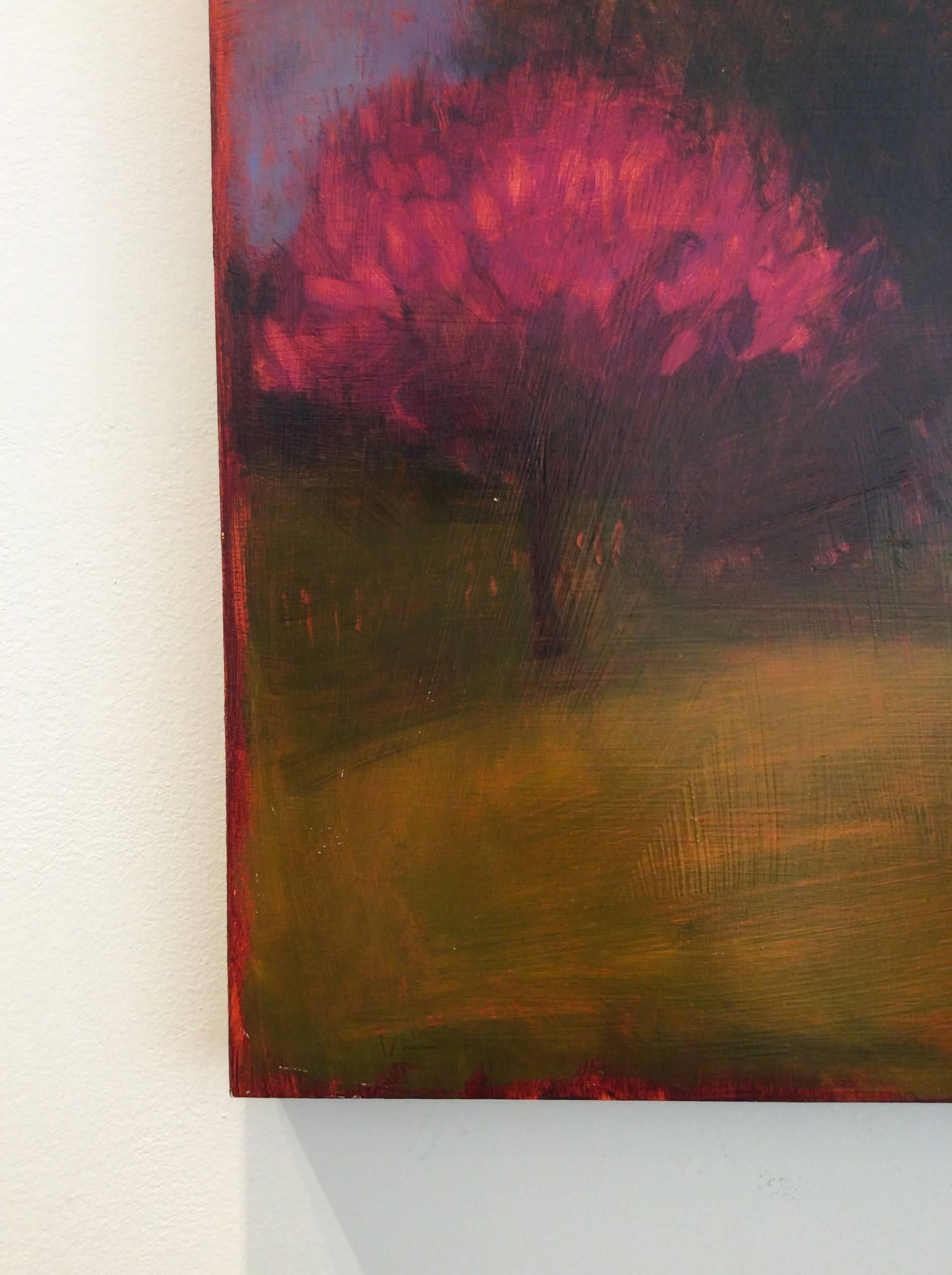 Modern, abstracted landscape painting in magenta, pink and dark green. 
oil on panel, 18 x 24 inches
No frame required, sides of the wood are painted a soft black
This painting is offered by Carrie Haddad Gallery, located in Hudson, NY.

Helgeson