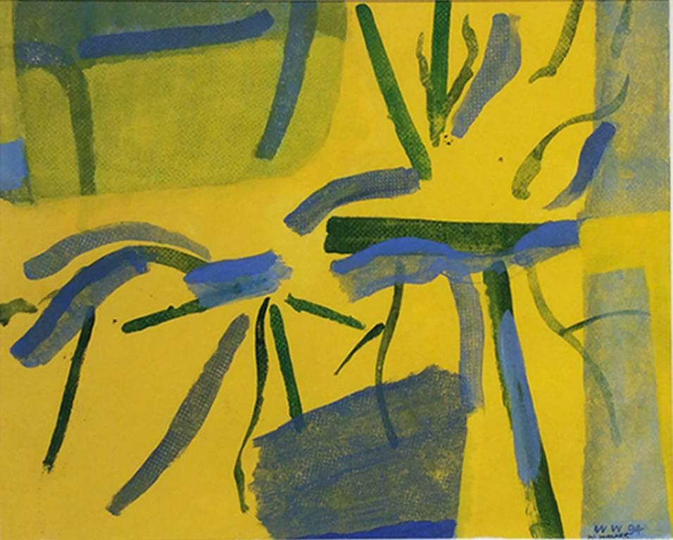 William Bond Walker Abstract Painting - Yellow Painting No. 3 (Contemporary Yellow & Blue Abstract Work on Paper)