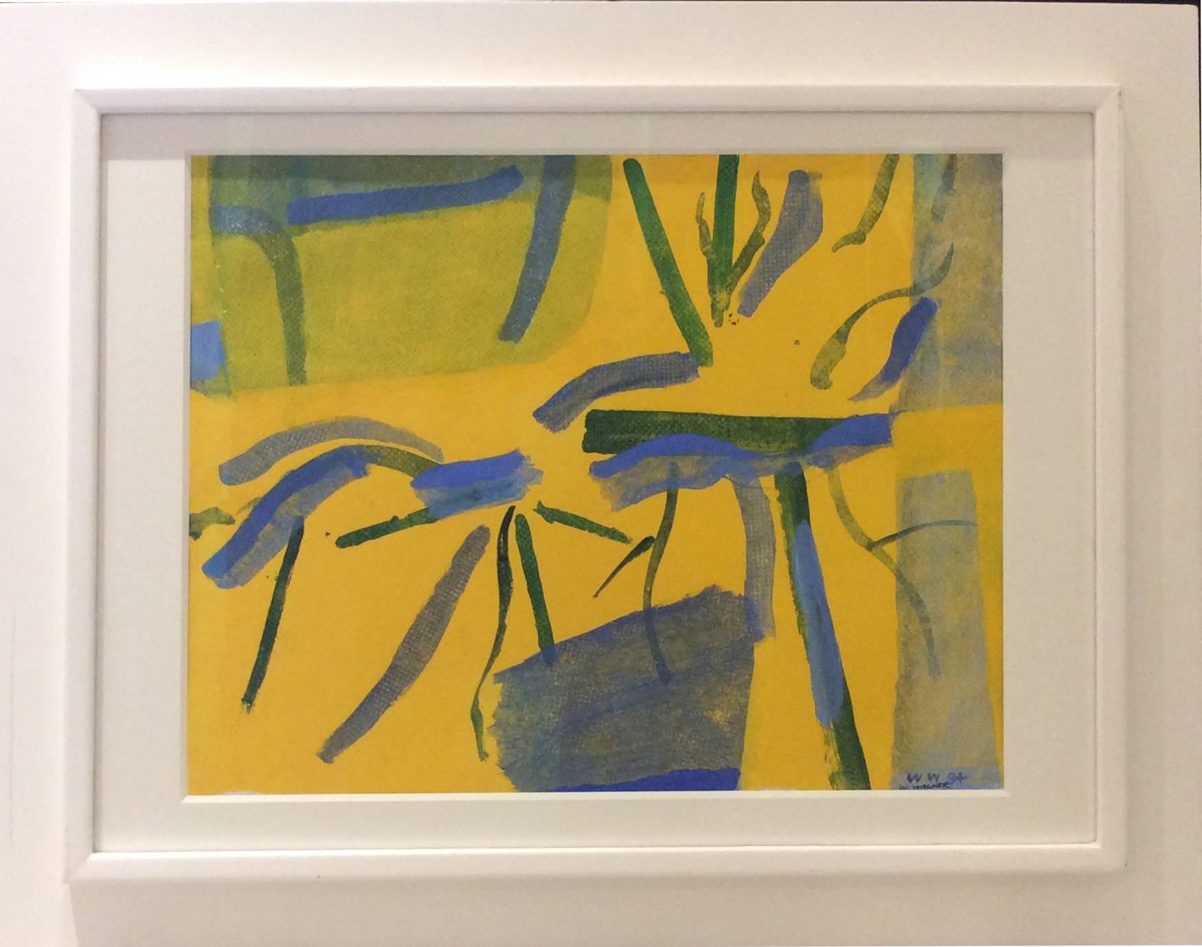 acrylic on paper, yellow and blue contemporary abstract painting on paper
image - 15 x 19.5 inches
paper size: 18 x 24 inches
White, wooden frame 23 x 29.5 inches framed

Notes from the artist:
I am interested in the power of color and the