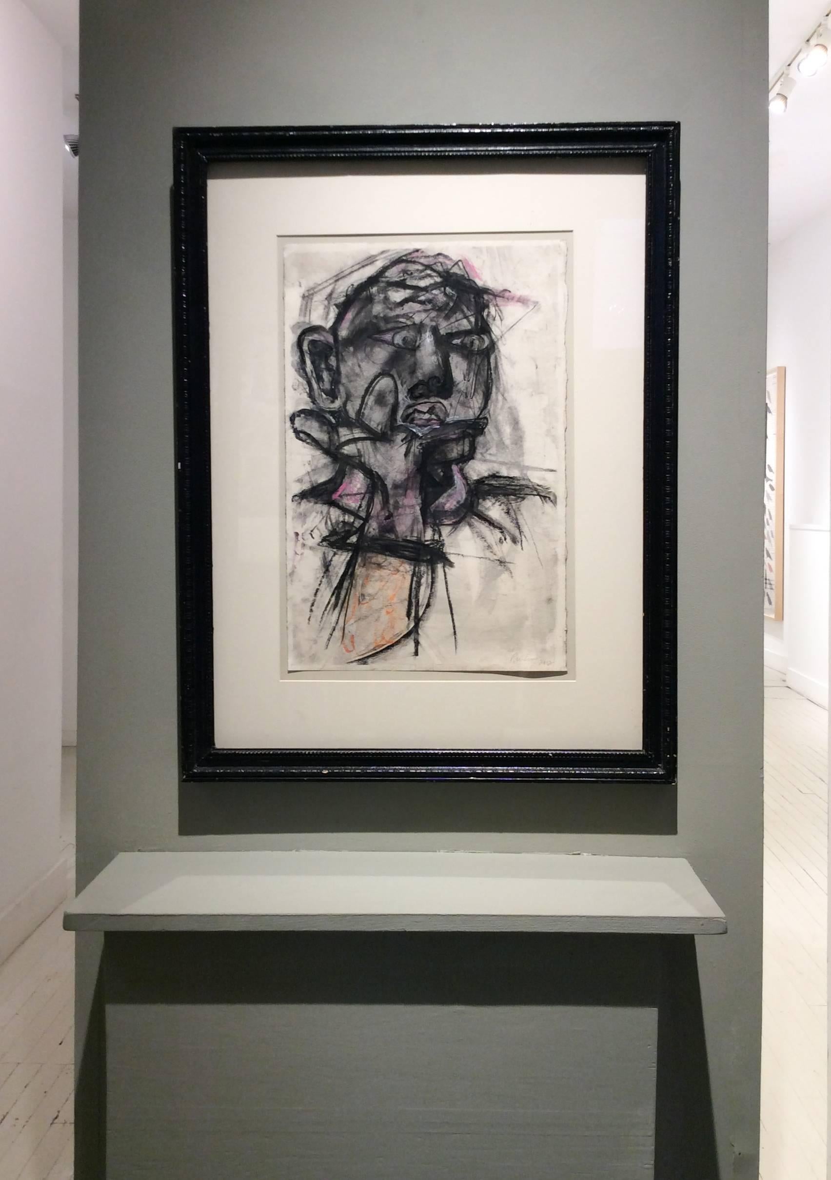 20 x 13 inches conti crayon on paper
31 x 24 x 2 inches framed, black molding, off white mat
signature in pencil in bottom right corner

This is a gray-scale portrait of a male drafted in a style that evokes surrealist automatism.  The artist's