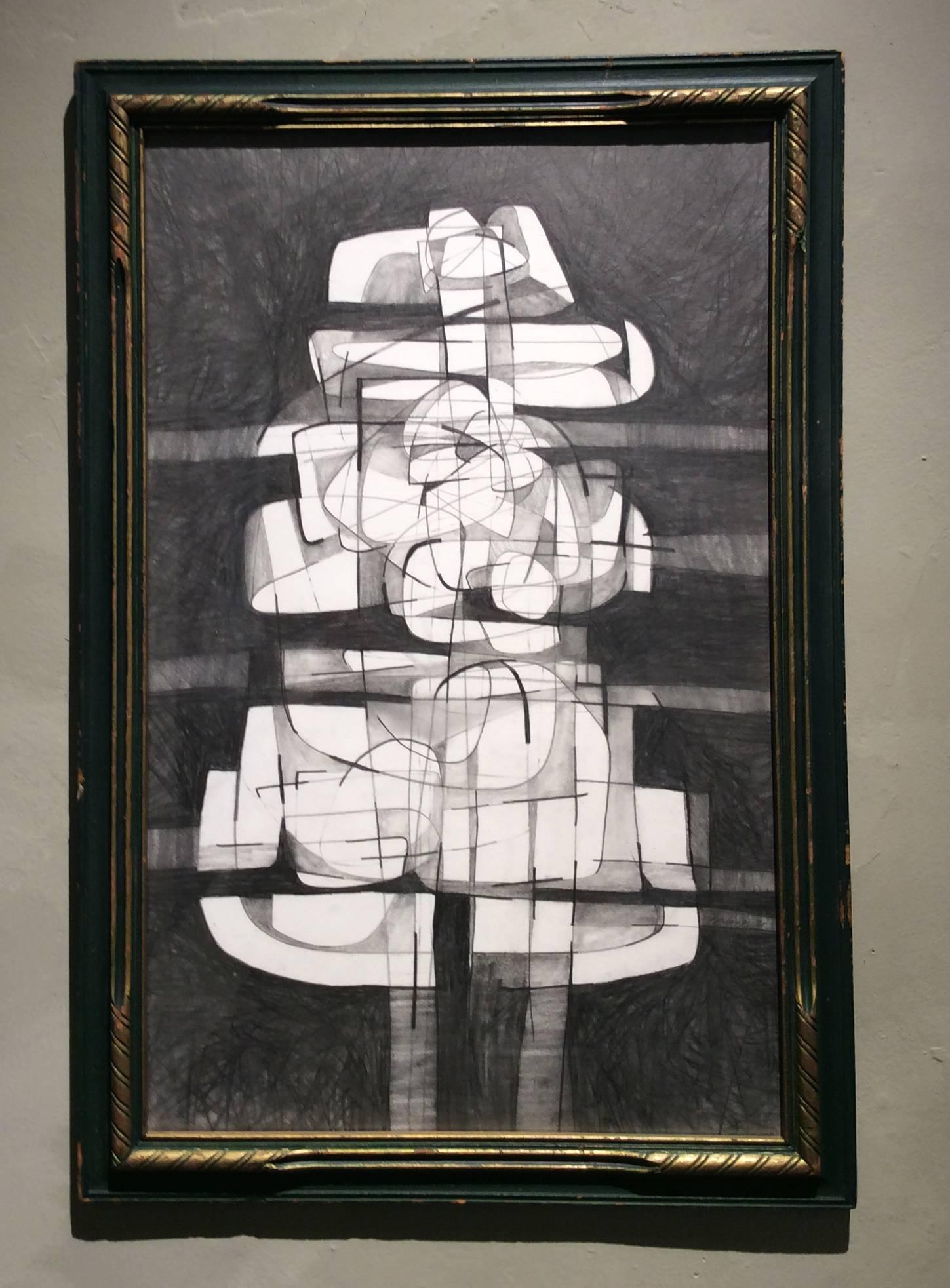 Infanta XXII: Abstract Cubist Style Graphite Drawing in Mid Century Modern Frame - Art by David Dew Bruner