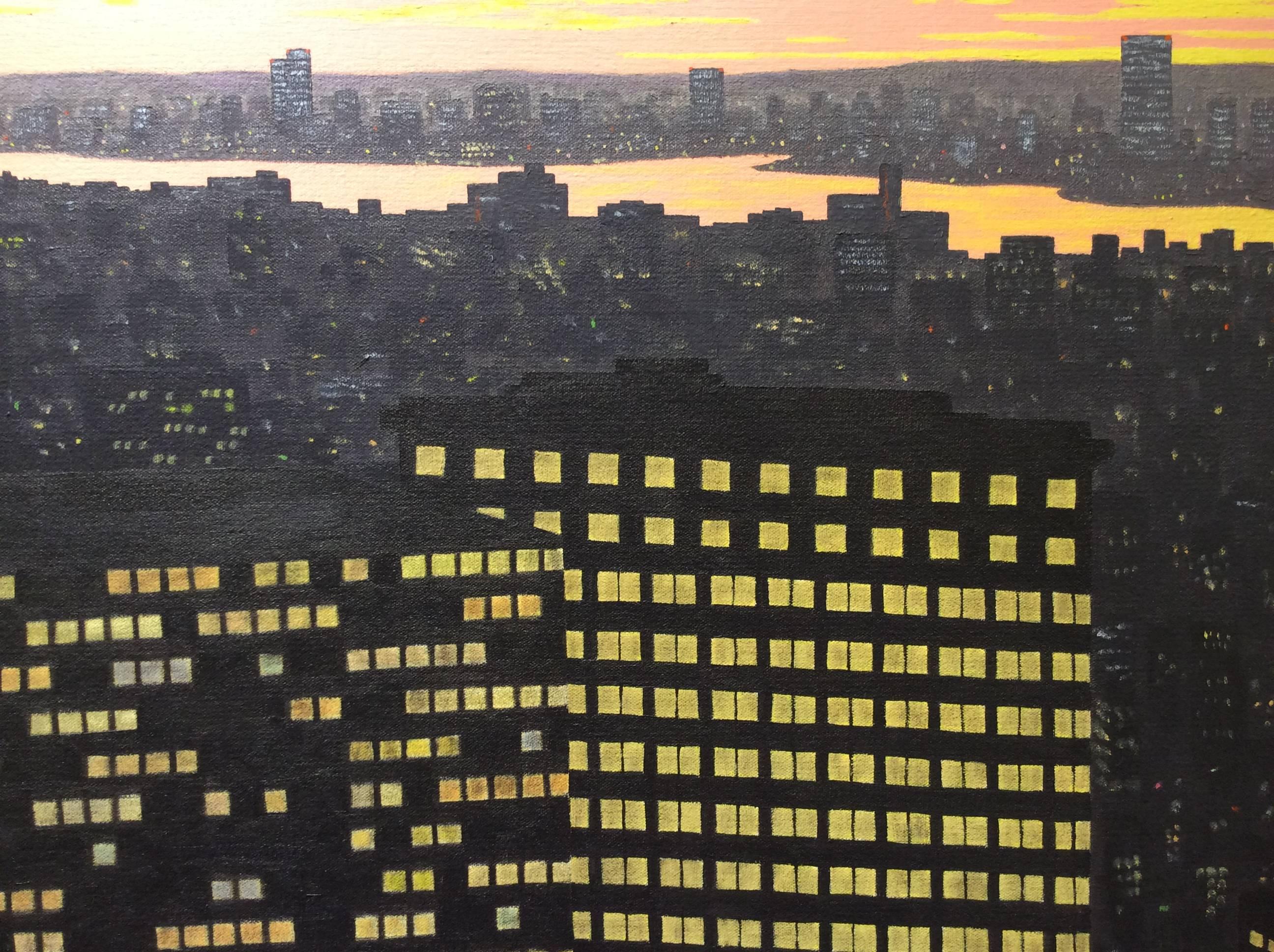 Bill Sullivan: New York, NY (Cityscape Oil Painting, Pink Sunset in Manhattan)
oil on canvas
66 x 64 x 1 inches, oil on canvas, thin wood stripping
No visible signature on the front.

This large work on canvas is a vibrant pink sunset over New York