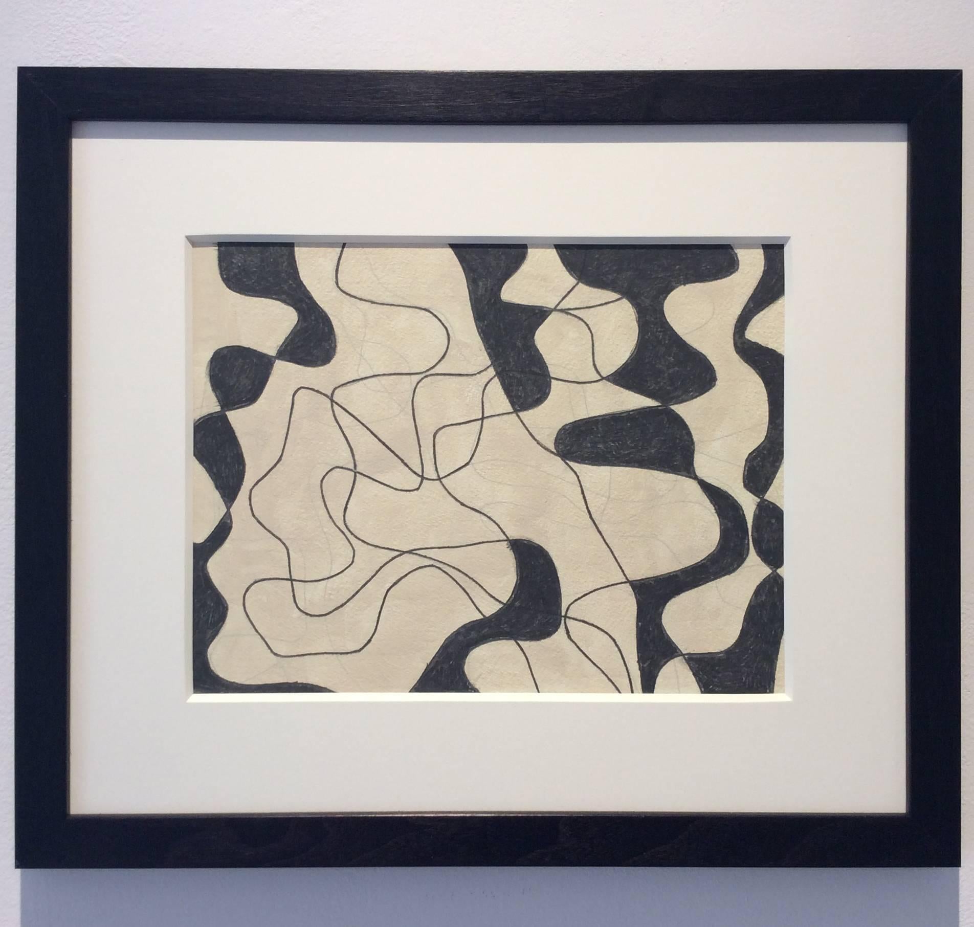 abstract graphite and acrylic drawing on Arches paper
15.25 x 18 inches framed
12 x 15 inches unframed

This graphite and acrylic abstract work on gesso-coated Arches watercolor paper is the work of East Hampton-based artist Ralph Stout. Stout's