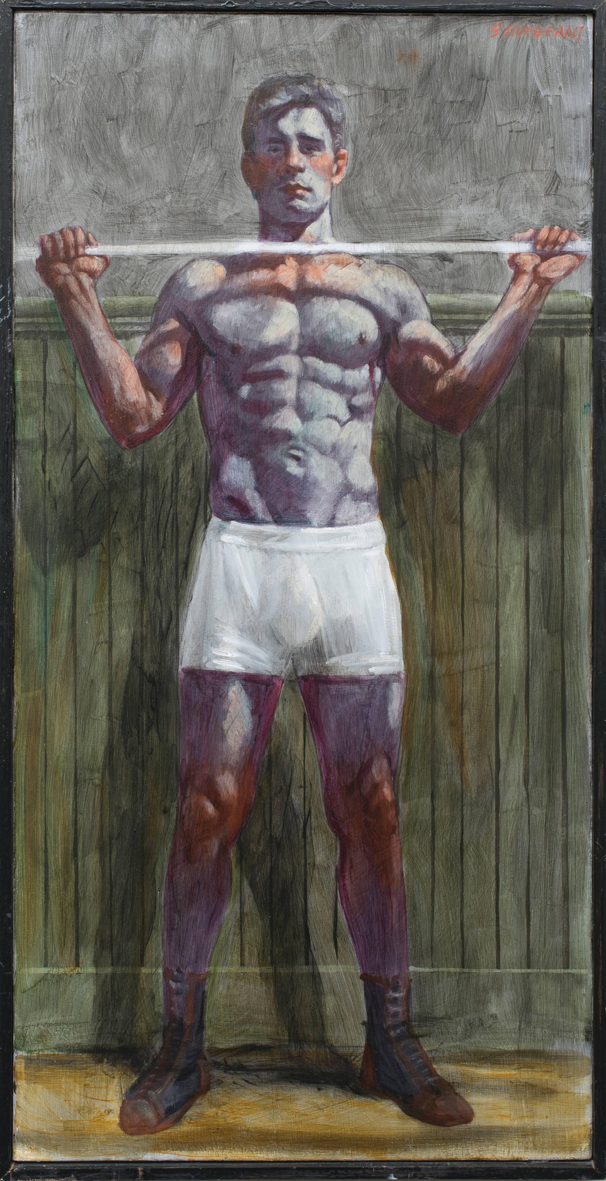 Mark Beard Figurative Painting - Standing Man with Weight Bar (Modern Portrait of Male Athlete)