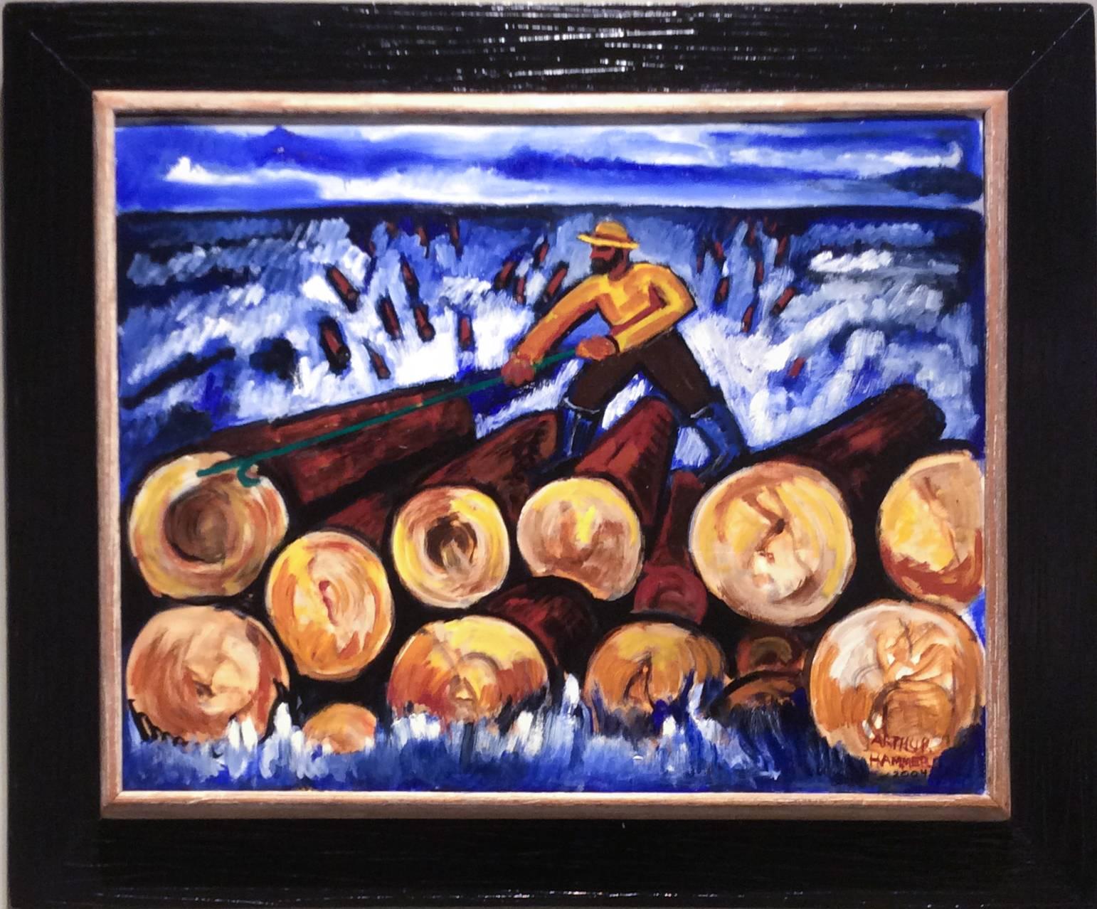 Arthur Hammer Figurative Painting - Rolling the Logs (Contemporary Oil Painting of Lumberjack in Vintage frame)