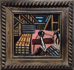 Man Sawing Wood (WPA style Painted Lumberyard Scene in Vintage Frame)