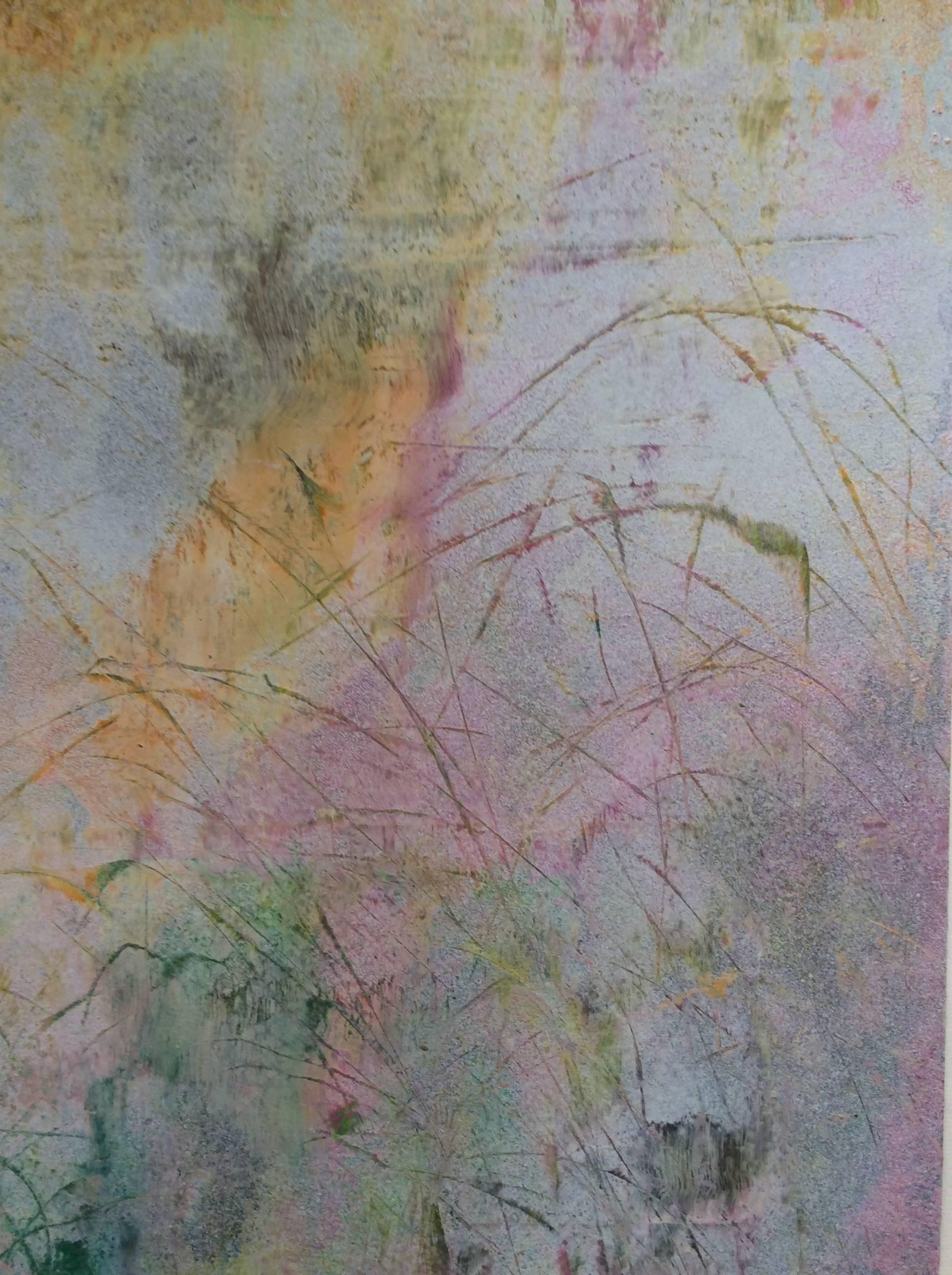 Serene Reflection (Abstract Pastel Palette Painting on Paper) by Bruce Murphy
enamel paint and metallic powders on archival paper
12 x 9 inches in 20 x 16 inch matte

This gestural abstract painting on paper was made by Hudson Valley based artist,