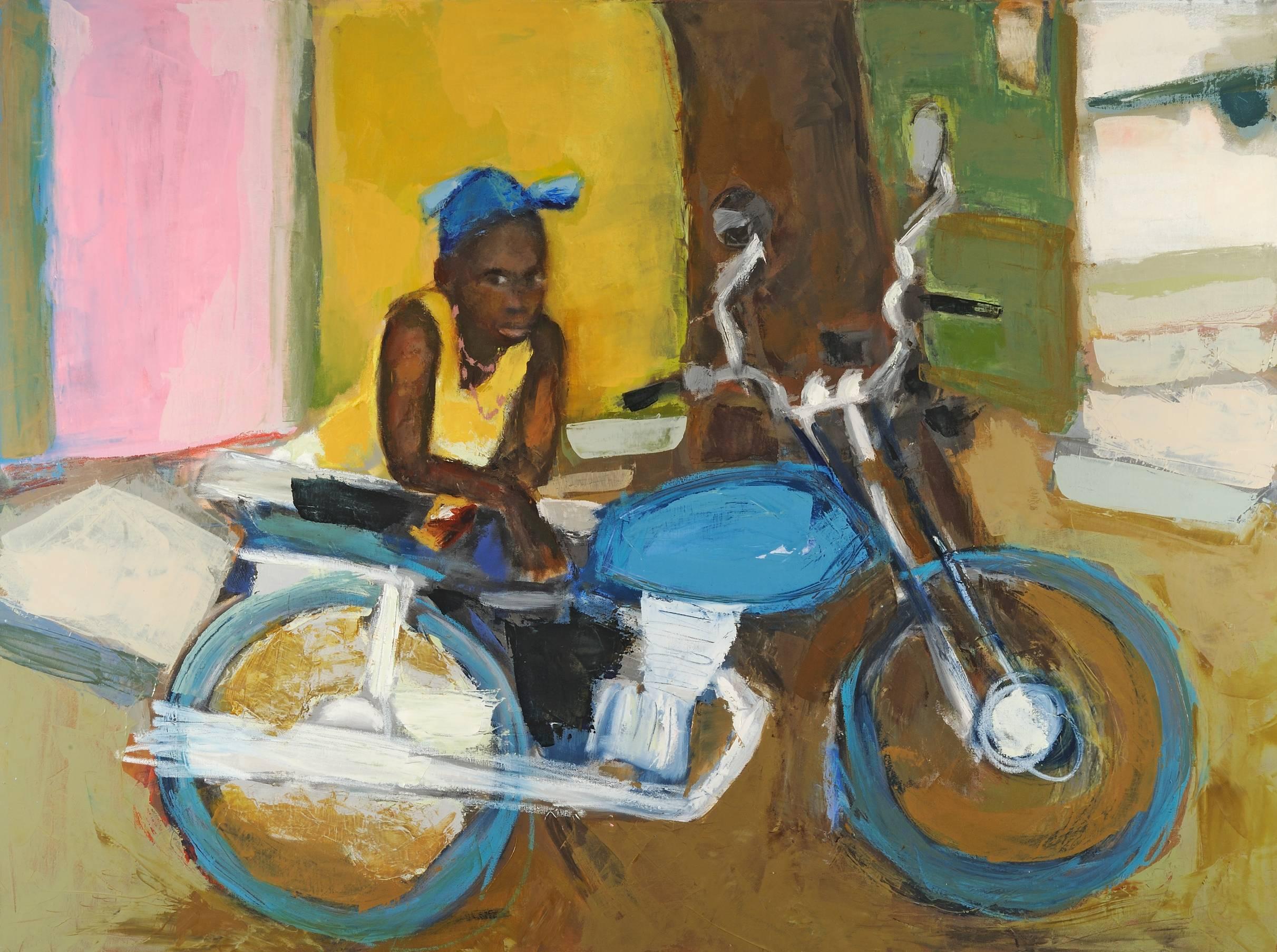 Ines Rulis Barlerin Figurative Painting - Turquoise Bike | Muses From Mali