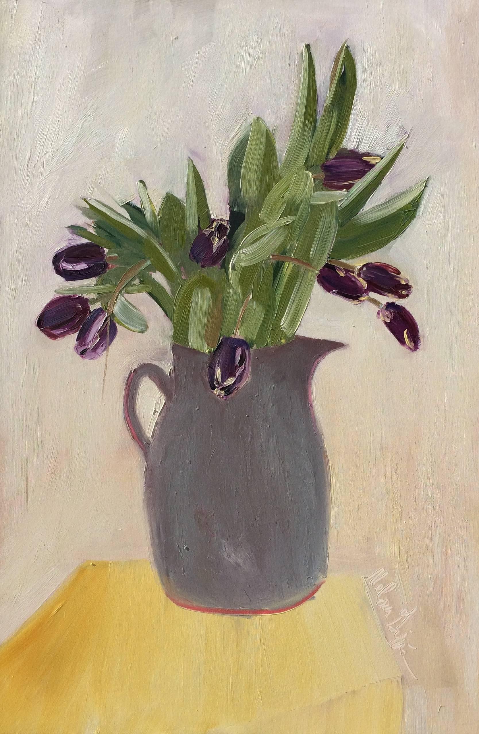 Melora Griffis Still-Life Painting - Tulips in a Gray Vase (Vertical)