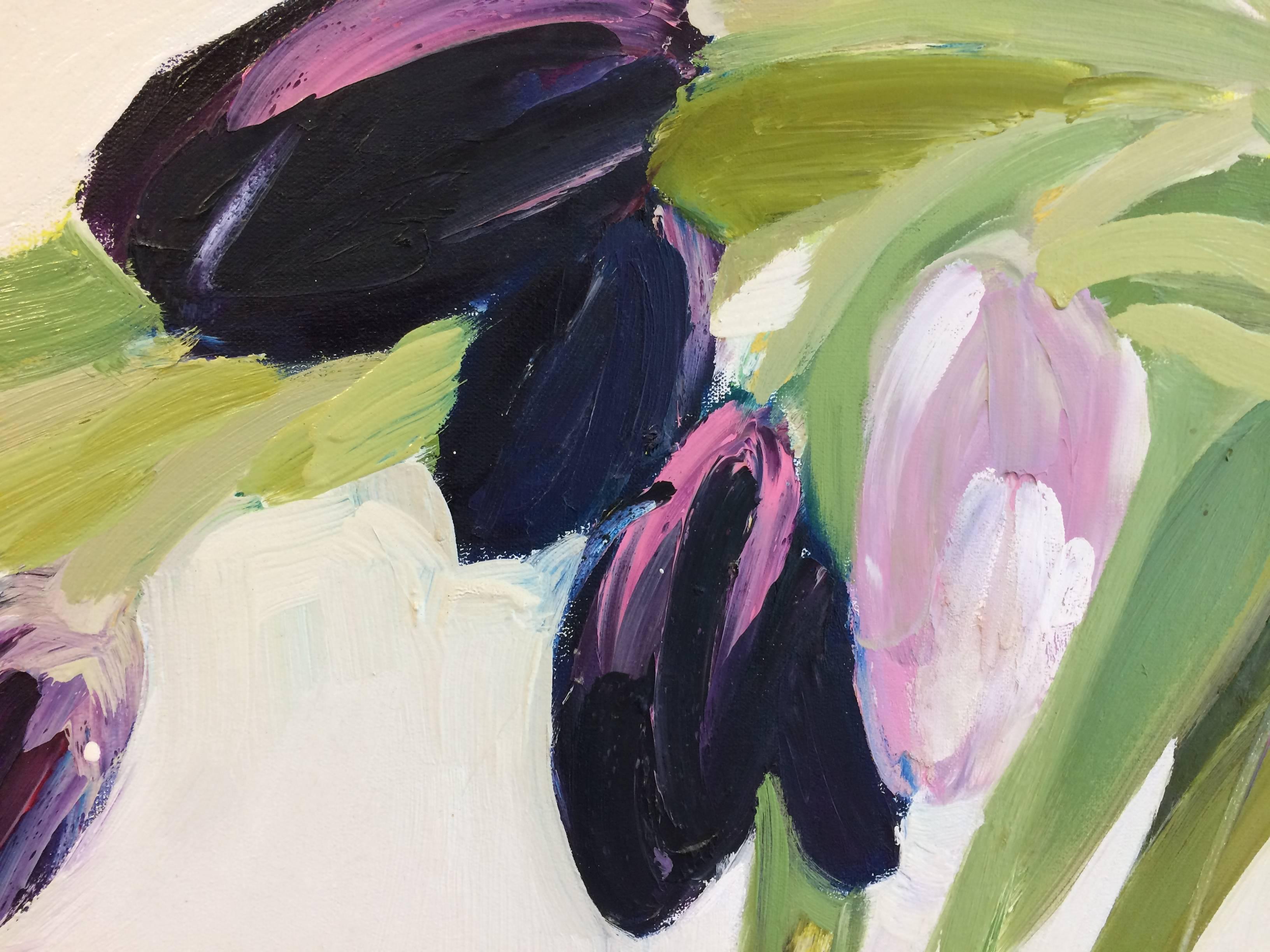 Tulips in a Gray Vase (Horizontal) - Painting by Melora Griffis