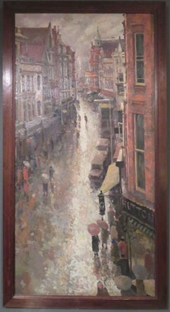 Unusual MID 20th CENTURY English Oil Painting - Exeter High Street On A Wet Day