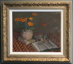 Antikes Ölgemälde mit Monogramm einer englischen Schule, 1920er Jahre, Art-déco-Stillleben mit Blumen