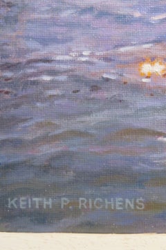 Keith Richens (1950-) « Coucher de soleil américain avec des bateaux » - Peinture à l'huile originale