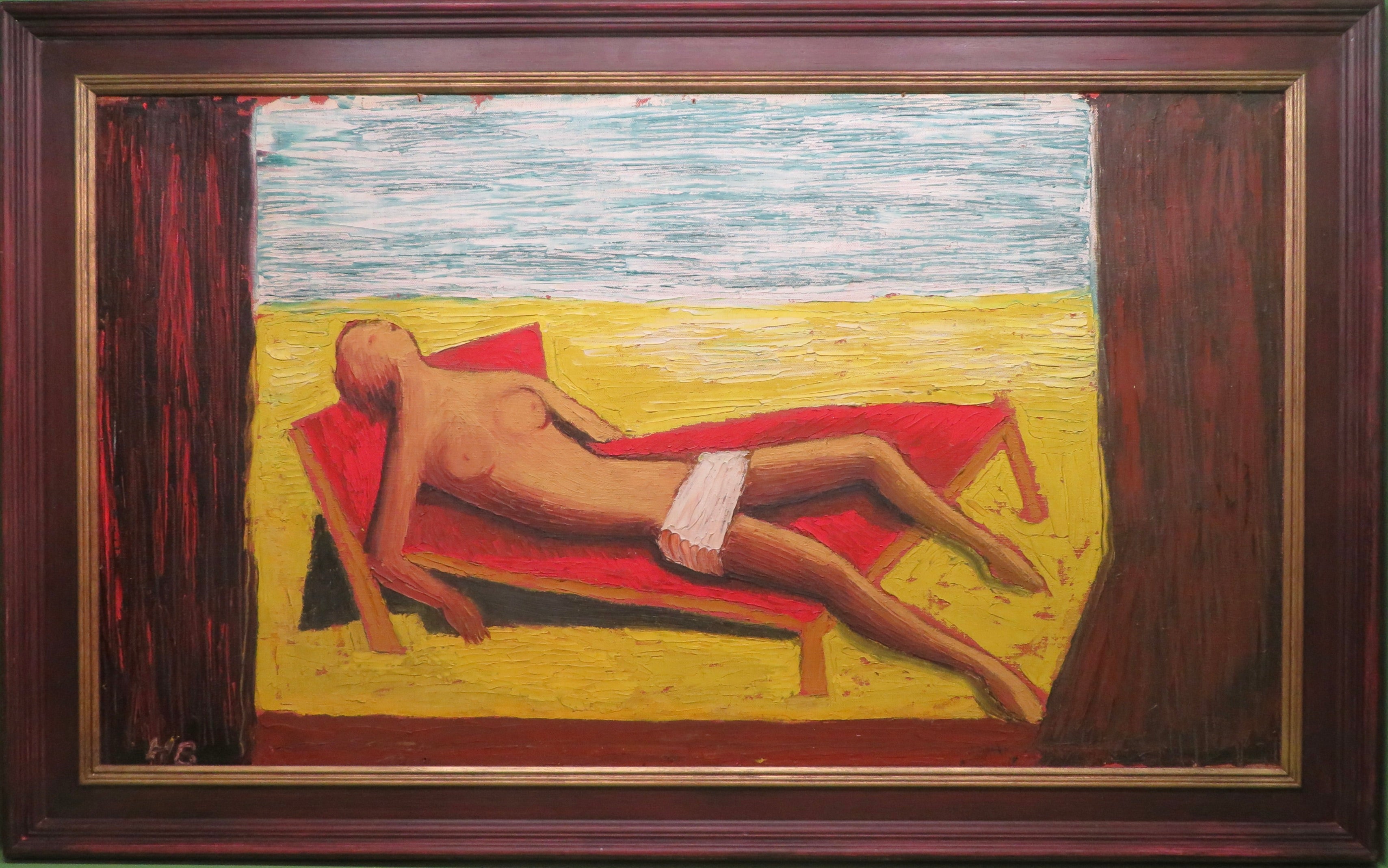 Artist: Geoffrey Houghton Brown (1903-1993) British
Title: "Female Nude On A Deckchair"
Size: 100cm x 62cm inclusive of frame
Medium: Oil on canvas
Period: c.1960's
Notes: Mural painter and eccentric, who was never rich but always had enough money
