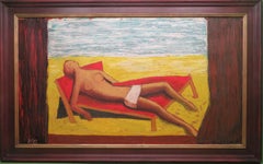 Geoffrey Houghton Brown - 1960's Modernist oil painting FEMALE NUDE SUNBATHING