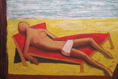 Geoffrey Houghton Brown - Cuadro al óleo modernista de los años 60: «DESNUDO FEMENINO TOMANDO EL SOL»
