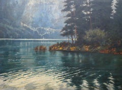 Otto Singer - Paisaje alemán de un lago bañado por el sol, de los años 40. Pintura al óleo original firmada