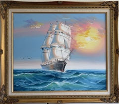 Original Marine Oil Painting Tall Ship on Open Sea Nautical Seascape Gold Frame