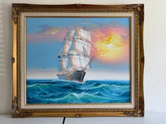 Original Marine Oil Painting Tall Ship on Open Sea Nautical Seascape Gold Frame
