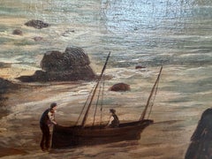Antique 1881 Signed European Coastal Seascape Oil Painting Harbor Landscape