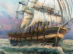 Dipinto a olio originale firmato su tela – Paesaggio marino con cornice dorata – Arte marittima e nautica