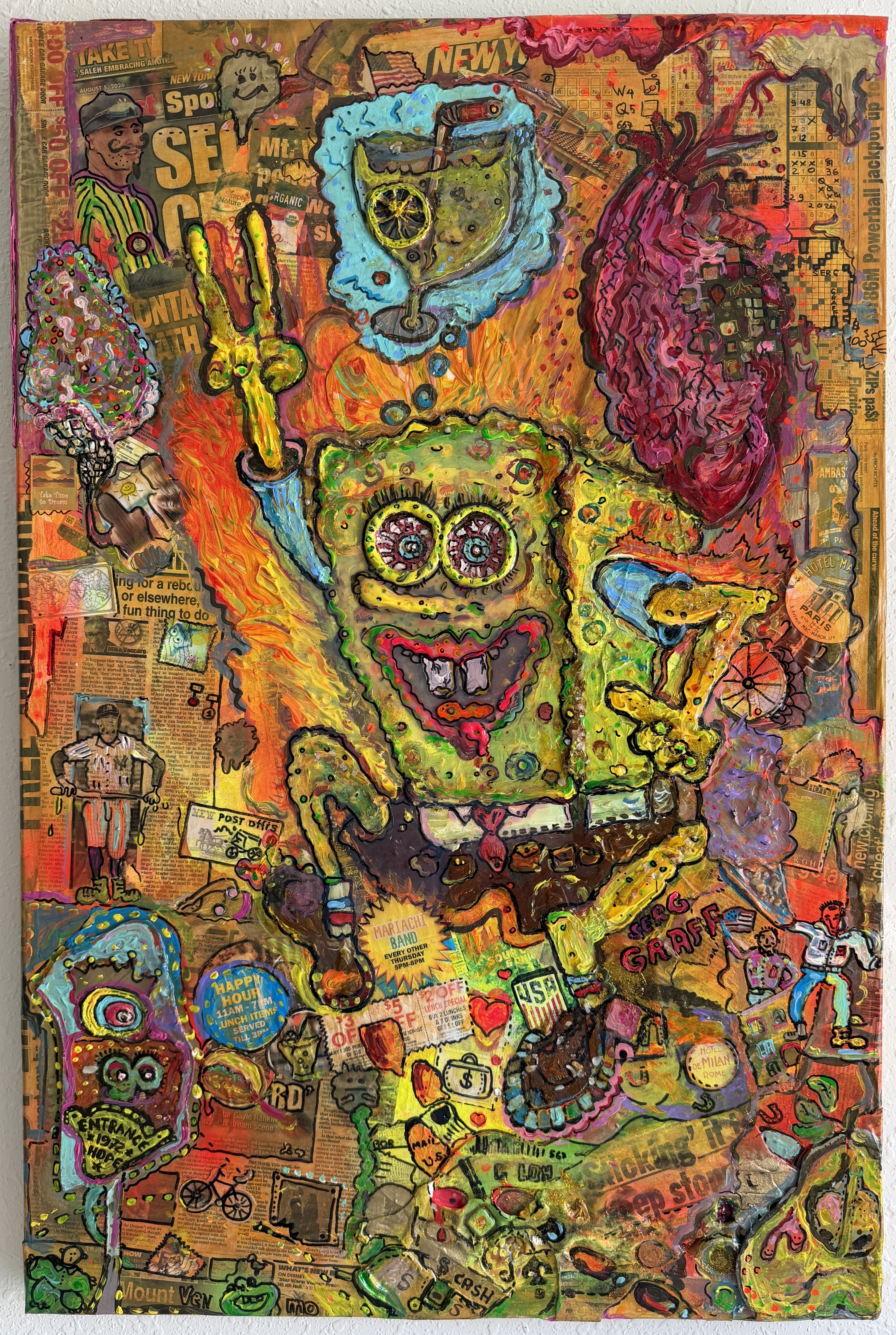 “Cartoon Burlesque” is an original acrylic and mixed-media painting on canvas by contemporary artist Serg Graff. Created on a large 36 × 24 inch canvas, the work combines hand-painted imagery, collage, found printed material, layered media, and