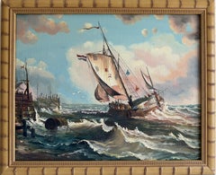 Dipinto a olio originale firmato: veliero in mare agitato, paesaggio marino, incorniciato