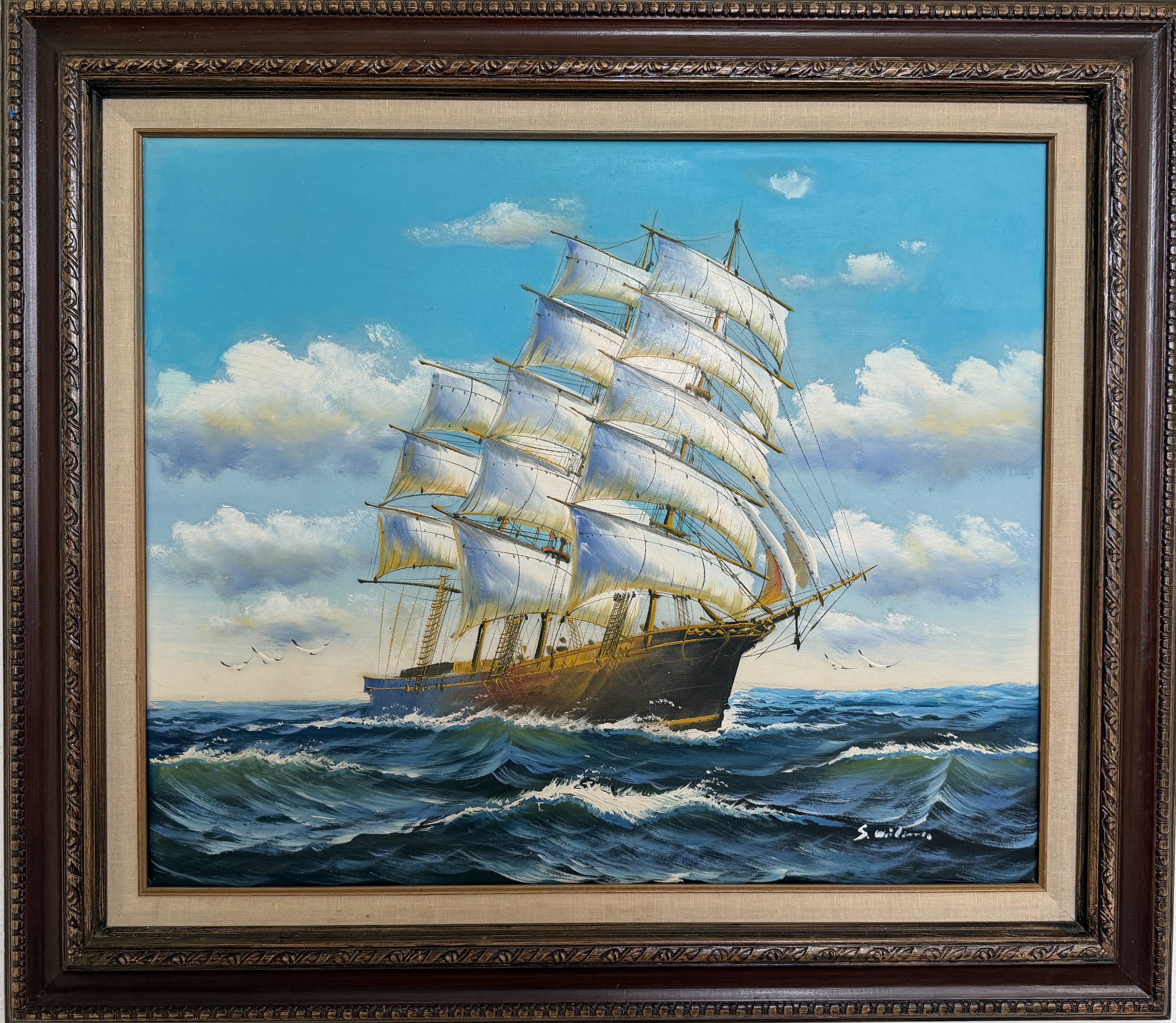 Unknown Landscape Painting - Original Signed Oil Painting Sailing Ship at Sea Maritime Seascape Framed