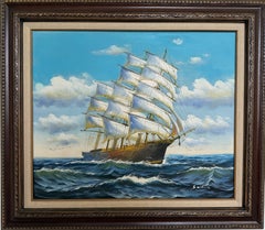 Original Signed Oil Painting Sailing Ship at Sea Maritime Seascape Framed