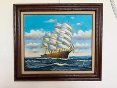 Original Signed Oil Painting Sailing Ship at Sea Maritime Seascape Framed