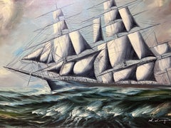 Pintura al óleo italiana de gran formato del artista reconocido Renato Longanesi: paisaje marino con velero
