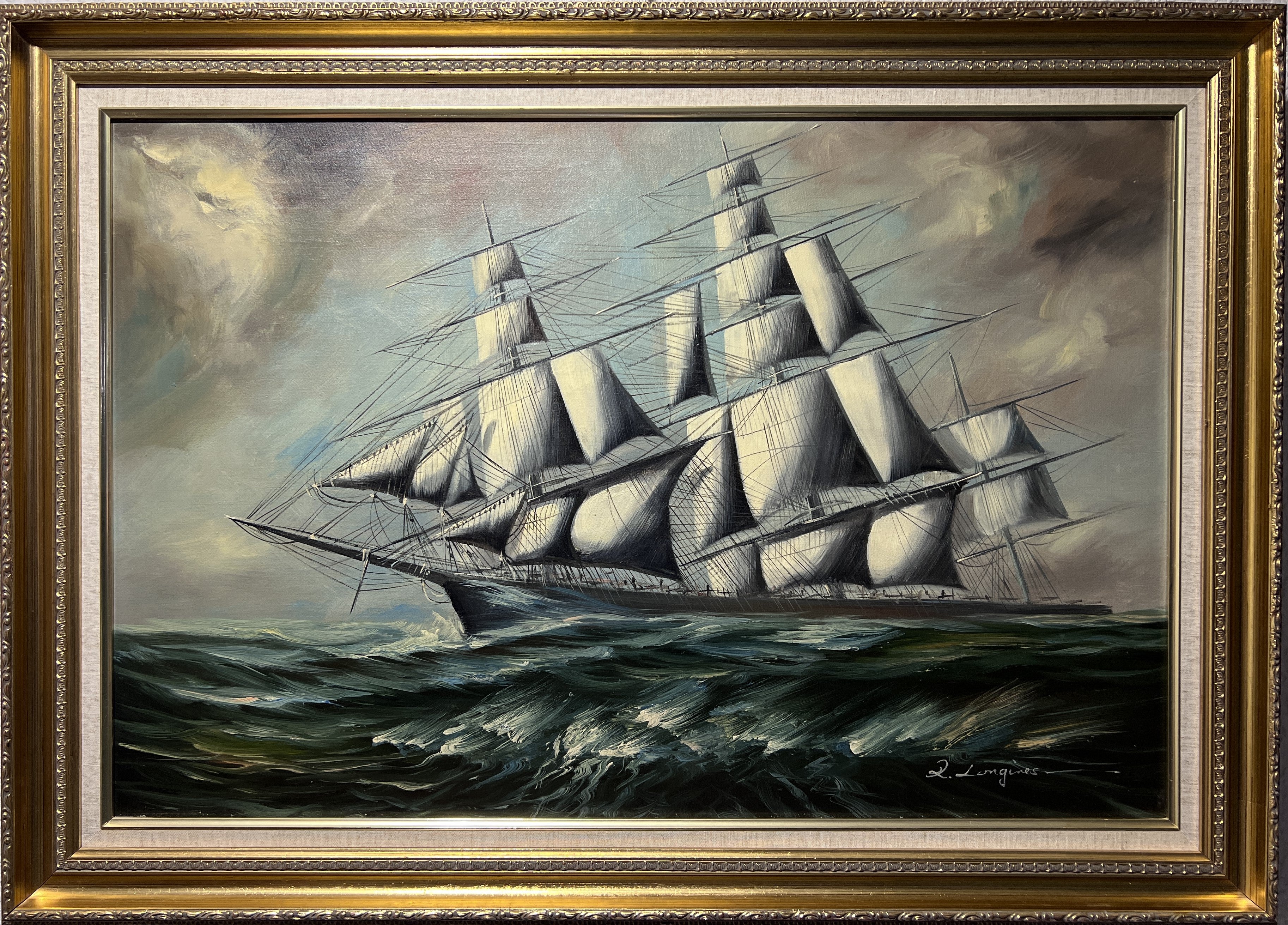 This original oil on canvas by Italian artist Renato Longanesi (b. 1931) depicts a magnificent fully rigged sailing vessel moving through a powerful open sea. The dramatic ship dominates the composition, its luminous sails and intricate rigging set