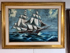 Pintura al óleo de un gran velero, paisaje marítimo, velero en un océano tempestuoso