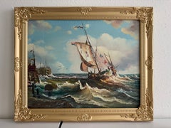 Signed Oil Painting on canvas Sailing Ship Rough Sea Maritime Seascape Framed