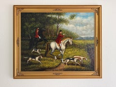 Large Vintage Oil Painting English Fox Hunt Horses Hounds Hunting Scene Art